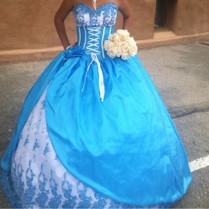 Blue and white quinceañera dress